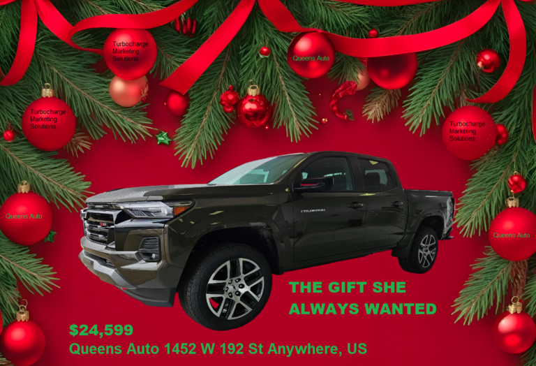 Used car dealership Google my business weekly post of a wreath surrounding truck for $24.599 with the slogan “The Gift She Will Never Forget”. Turbocharge Marketing Solutions (TMS) Indianapolis, IN 46236 (618) 694-9248